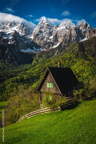 Lonely cute wooden hut on the slope, Julian Alps, Slovenia