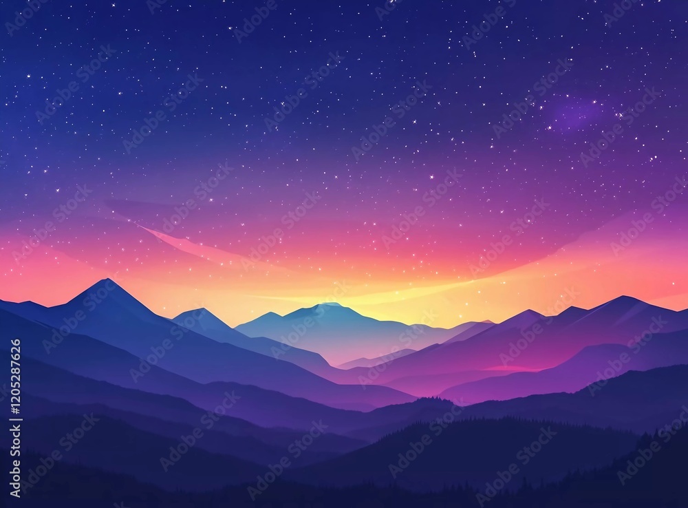 A starry night sky with beautiful gradient colors of purple, blue, and orange in the clouds above a silhouetted mountain range. A starry night sky with beautiful gradient colors of violet, A starry night sky with beautiful gradient colors of purple, blue, and orange in the clouds above a silhouetted mountain range. A starry night sky with beautiful gradient colors of violet,