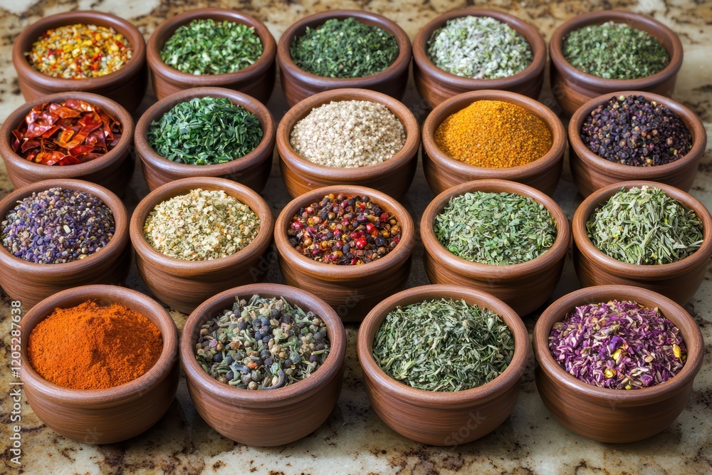 Herb and Spice Blend - A collection of herb and spice blends arranged in small containers or bowls. Herb and Spice Blend - A collection of herb and spice blends arranged in small containers or bowls.