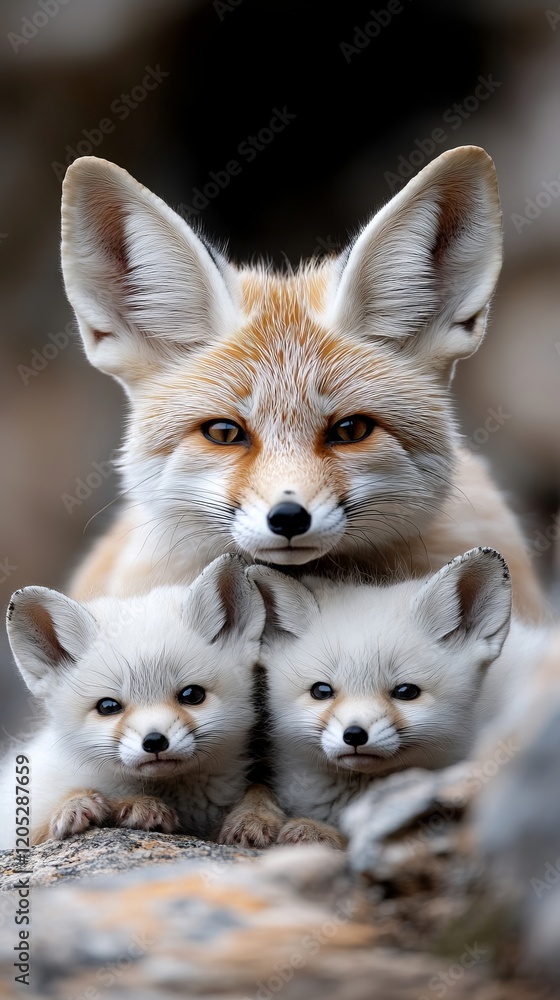 Obraz premium A mother fox and her two young foxes sitting on a rock