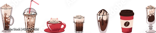Set of different types of coffee drinks. Espresso, americano cup, cappuccino and latte in paper mug. Flat vector illustrations isolated on white background