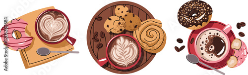 Set of Coffee cups with bun, donut and cookie in flat cartoon style. Delicious coffee drink and dessert. Breakfast composition, top view for menu, sticker, postcard, etc.