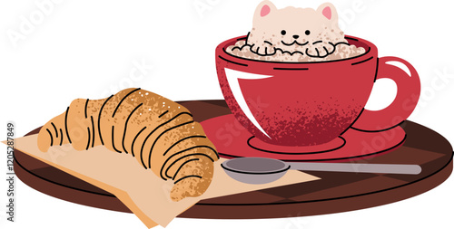 Cup of coffee with croissant on tray in flat cartoon style. Delicious coffee drink with foam in the form of a cat and dessert. Breakfast composition for menu, sticker, postcard, etc.