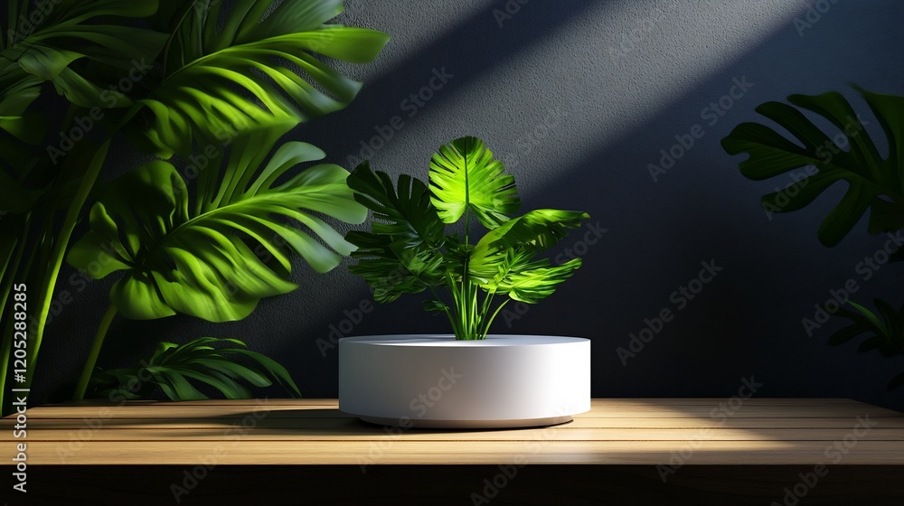 Serene Minimalist Plant Display: Lush Greenery in Modern Pot on Wooden Table Serene Minimalist Plant Display: Lush Greenery in Modern Pot on Wooden Table