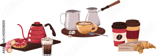 Set of illustrations of a perfect breakfast. Coffee drink with dessert in flat cartoon style. Tasty composition for menu, sticker, postcard, etc