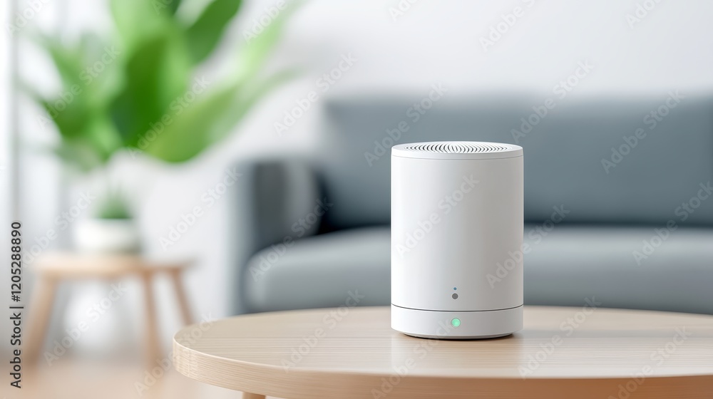 Modern smart home device on wooden table enhancing connectivity and automation Modern smart home device on wooden table enhancing connectivity and automation