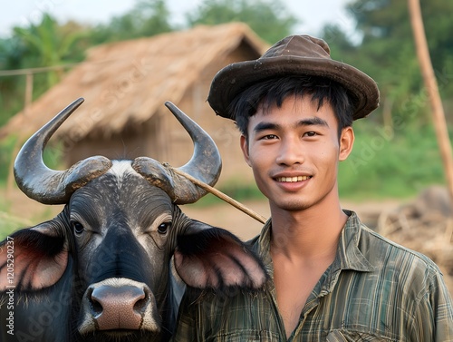 Smiling Asian Herdsman Standing with Domestic Water Buffalo in Countryside Field photo