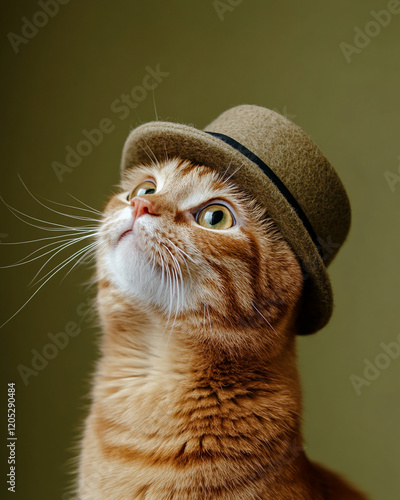 Ginger cat with gray hat looking up, sitting on wooden stool against green background photo