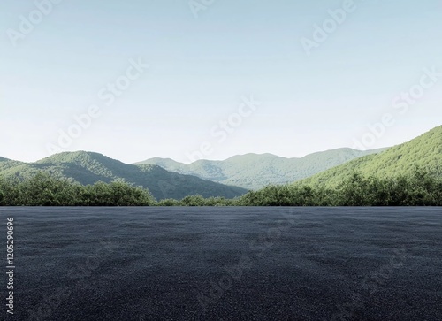 Black asphalt road with a blue sky and green mountain background, a landscape view of an empty concrete ground for car advertising or product display