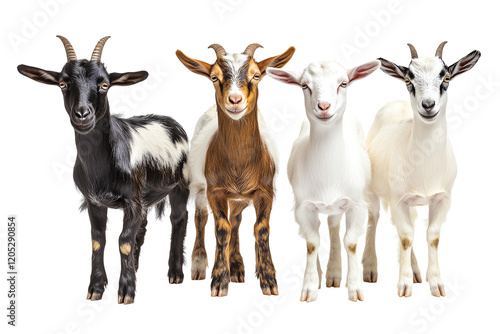 A charming group of four goats featuring varied colors, showcasing their playful nature and unique personalities in a vibrant, friendly setting.,Isolated on transparent background photo