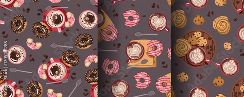 Set of Seamless patterns with a cup of coffee and a donut. Repeating texture with a coffee drink and dessert. Coffee time. Suitable for textiles, wallpaper, paper, etc.