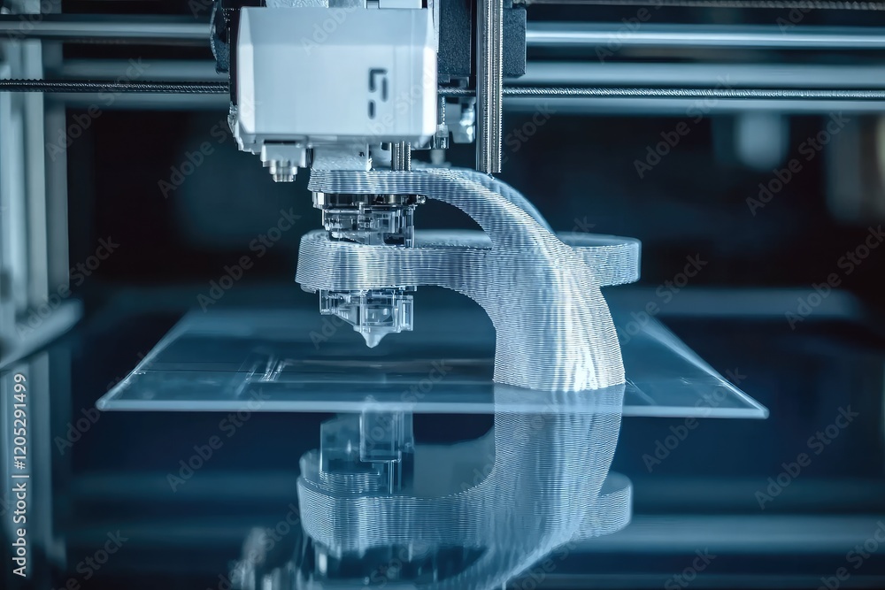 A 3D printer creating a detailed object on a glass surface. A 3D printer creating a detailed object on a glass surface.