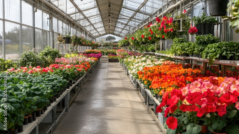 Fototapeta premium A close-up of blooming flowers in a greenhouse, with bright petals contrasting against green foliage under controlled environmental conditions.