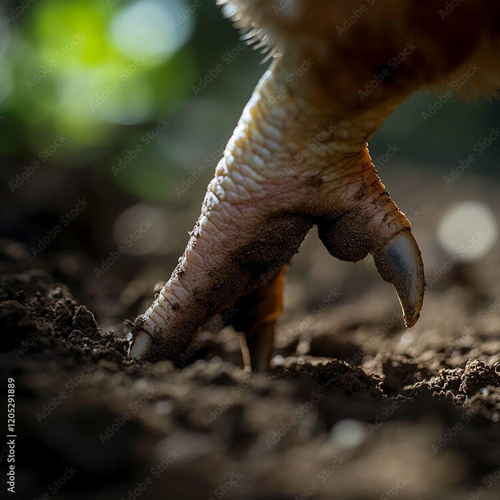Obraz premium Close-up of a chicken's foot with sharp claws digging into the dirt with a blurred background
