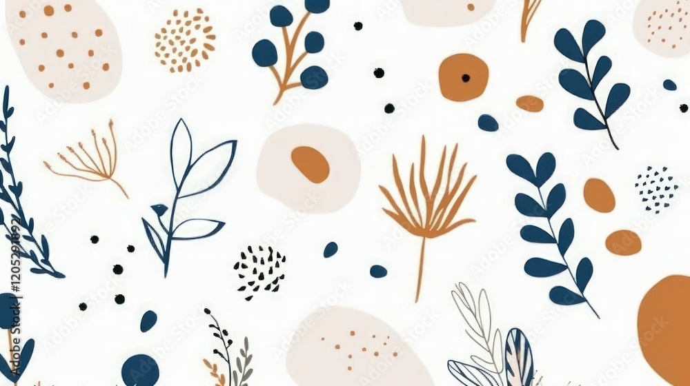 Abstract Botanical Print: Elegant Navy Blue and Beige Floral Design Abstract Botanical Print: Elegant Navy Blue and Beige Floral Design