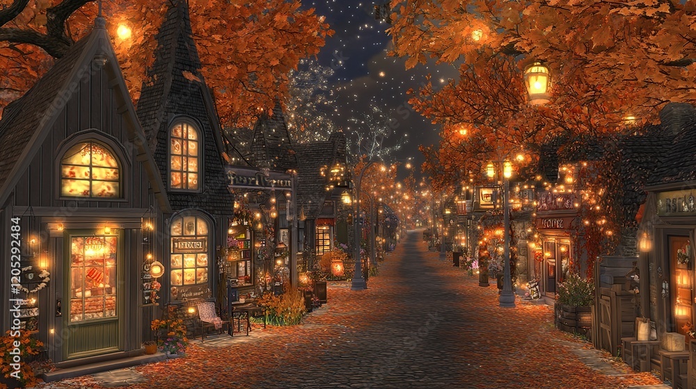 Enchanting autumn night in a charming village street with cozy shops and warm lights. Enchanting autumn night in a charming village street with cozy shops and warm lights.