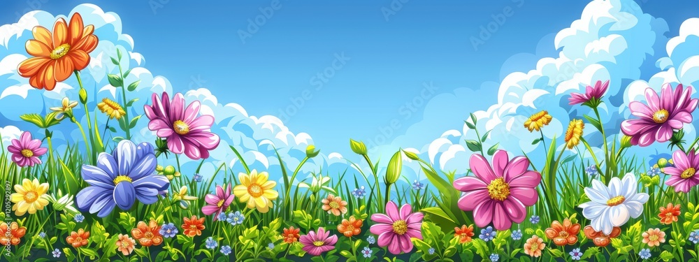 Fototapeta premium Colorful field of flowers with a blue sky in the background