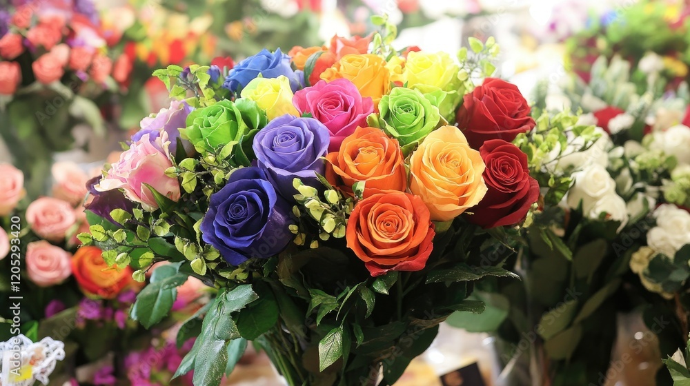 Obraz premium A florist shop filled with vibrant colors, featuring a beautiful bunch of rainbow roses as the centerpiece of the display.
