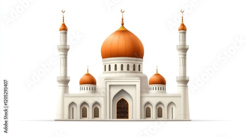 A stylized illustration of a mosque with orange domes and minarets.