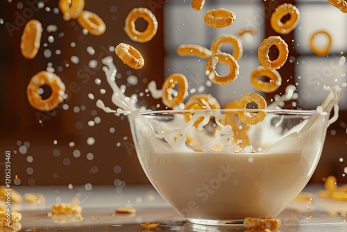 Crunchy Honey Loops Splashing Into Milk in a Glass Bowl – Dynamic Breakfast Scene photo