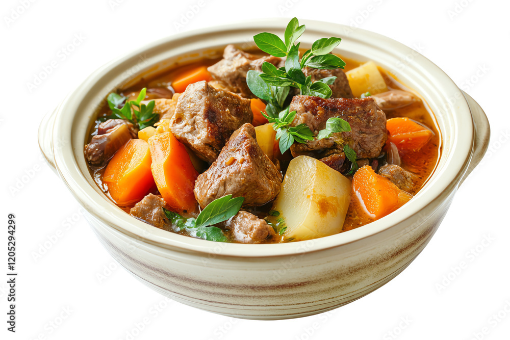 A delicious beef stew filled with tender meat, carrots, and potatoes, garnished with fresh herbs, perfect for comforting meals.,Isolated on transparent background A delicious beef stew filled with tender meat, carrots, and potatoes, garnished with fresh herbs, perfect for comforting meals.,Isolated on transparent background