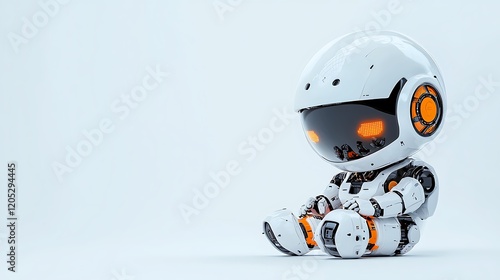 Sad robot sitting, white background, digital art, tech illustration