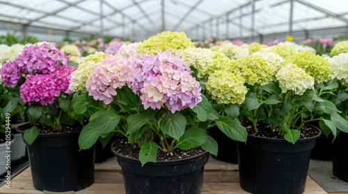 Wallpaper Mural A lush greenhouse interior filled with hydrangea seedlings in pots, ready for transplanting on an eco-friendly flower farm. Torontodigital.ca