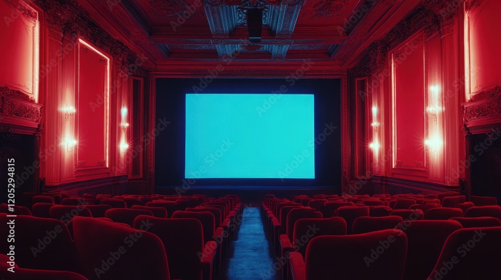Fototapeta premium People in the cinema auditorium with Cinema blank wide screen and red chairs in the cinema hall,People silhouettes watching movie performance,empty white screen,space for text,copy space.
