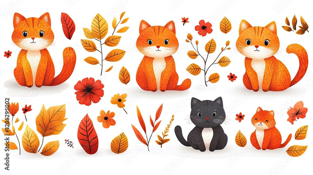 Obraz premium Playful autumn-themed illustrations featuring adorable cats and colorful leaves in a whimsical style