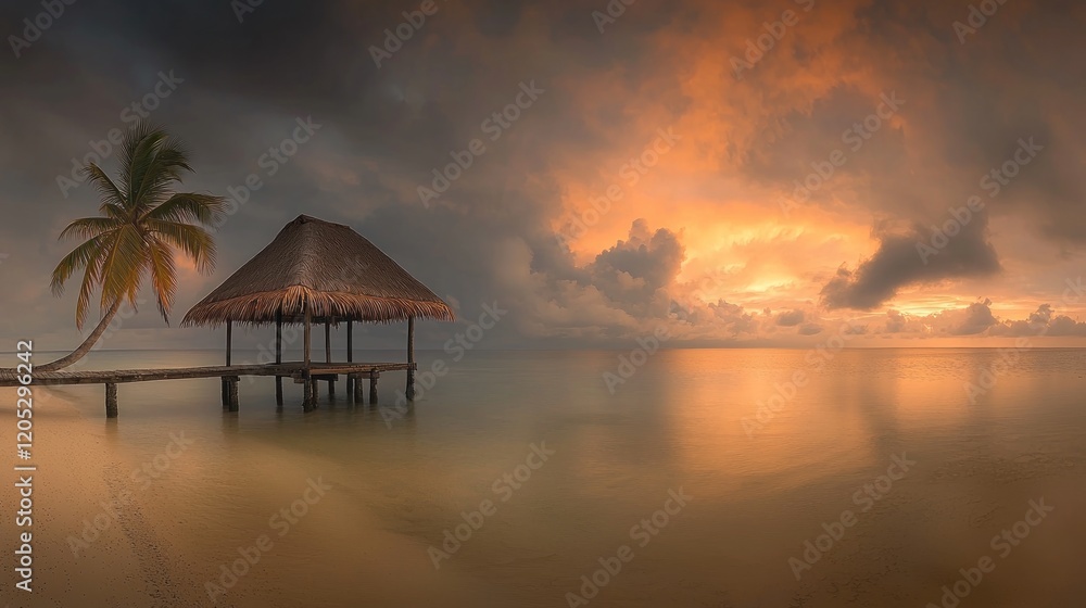 A tranquil beach scene at sunset with a palm tree and a thatched hut over calm waters. A tranquil beach scene at sunset with a palm tree and a thatched hut over calm waters.