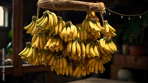A photo of a bunch of bananas hanging on a stand