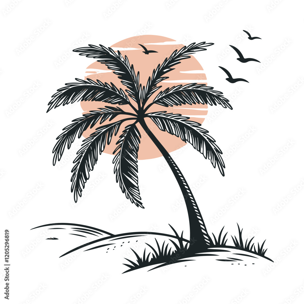 Obraz premium Silhouette of tropical sunset scene with palm trees and birds 