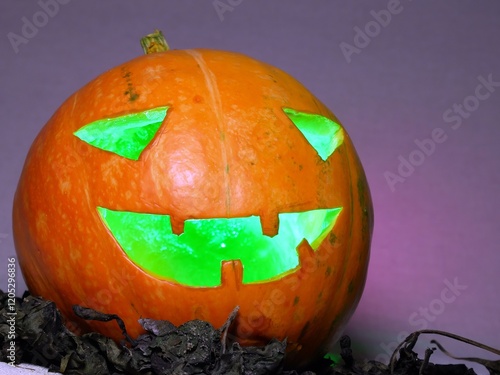 Green backlight in pumpkin with cut-out eye and mouth holes. photo