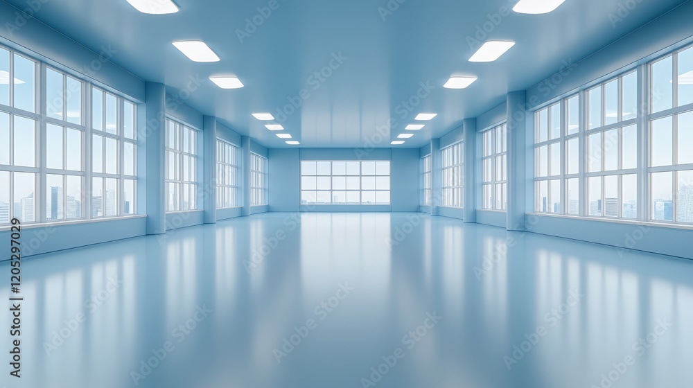 Fototapeta premium Modern urban room with expansive windows and breathtaking sky view
