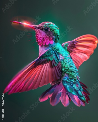 Vibrant Neon Hummingbirds with Glowing Feathers in a Fantasy Atmosphere photo