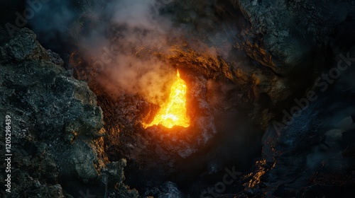 A glowing geothermal plant set amidst rocky volcanic terrain, showcasing innovative energy solutions in a natural environment. photo