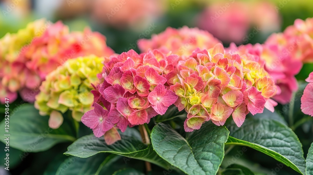 Close-up of potted hydrangea seedlings growing in a bright greenhouse, representing the future of sustainable floriculture practices. Close-up of potted hydrangea seedlings growing in a bright greenhouse, representing the future of sustainable floriculture practices.