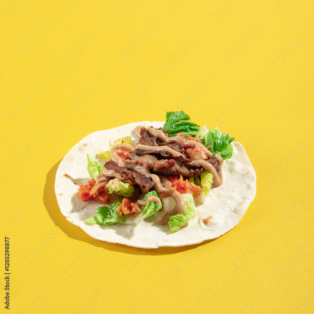 sliced beef and vegetable with spicy sauce on a flour tortilla wrap, on a yellow vibrant background sliced beef and vegetable with spicy sauce on a flour tortilla wrap, on a yellow vibrant background