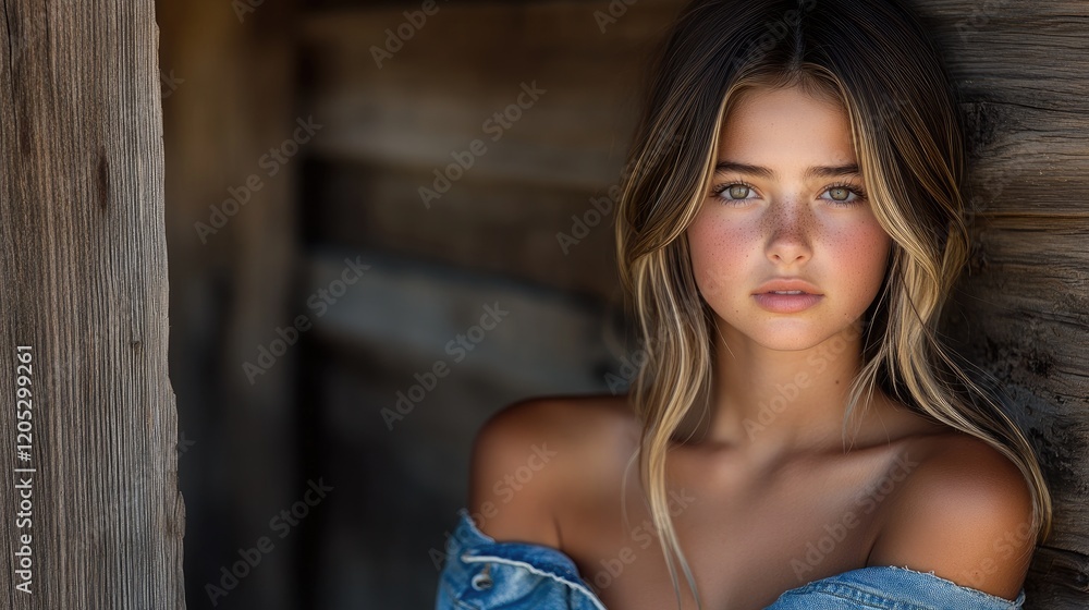 Naklejka premium Portrait of a young woman with long hair, wearing a denim jacket, against a rustic wooden backdrop