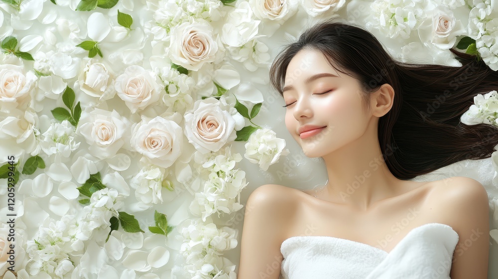 Obraz premium Serene portrait of woman with long hair surrounded by delicate white flowers enjoying peaceful moment