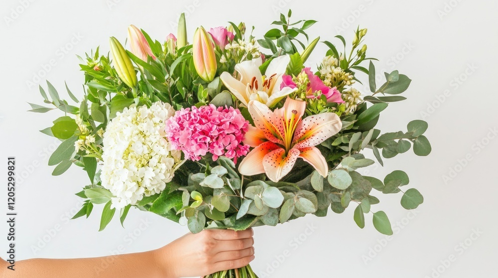 custom made wallpaper toronto digitalFreshly picked mixed flower bouquet with hydrangeas, lilies, and eucalyptus stems, displayed in a woman's hand for gifting