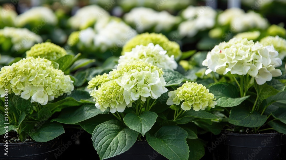 Hydrangea seedlings in black plastic pots arranged in rows inside a bright, modern greenhouse used for flower cultivation. Hydrangea seedlings in black plastic pots arranged in rows inside a bright, modern greenhouse used for flower cultivation.