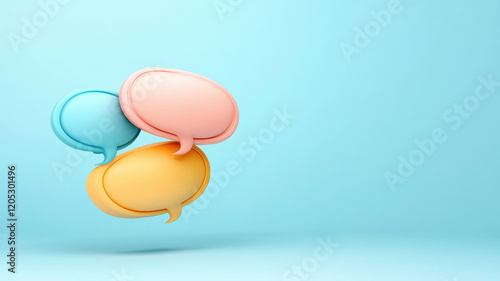 Colorful abstract speech bubbles floating in mid air against light blue background, symbolizing communication and expression photo