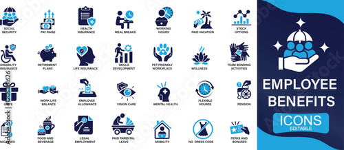 Employee benefits icon set social security, pay raise, health and life insurance, paid vacation, bonus You can easily change the color.