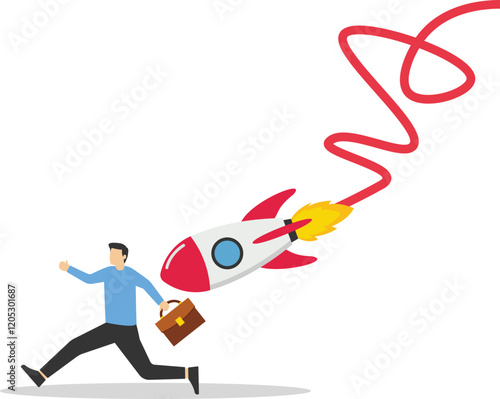 Businessman runs away under broken rocket. Fail startup concept. new business risk or unexpected entrepreneur bankruptcy

