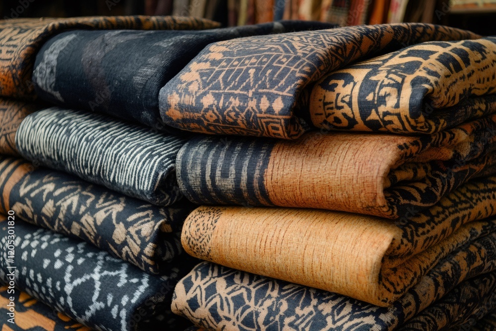 Stack of folded textiles showing different patterns and colors Stack of folded textiles showing different patterns and colors