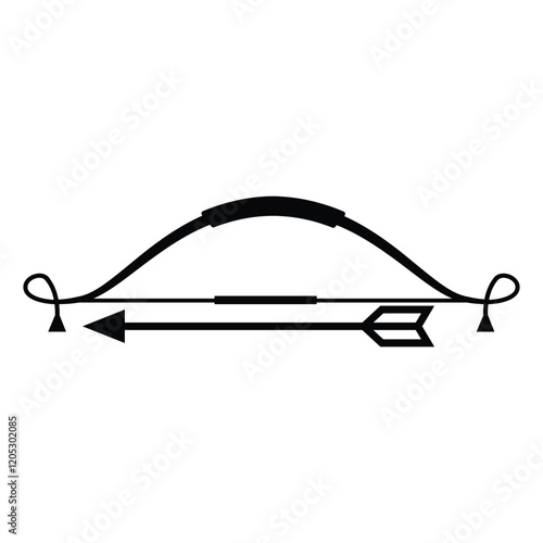 Minimalist Bow and Arrow Silhouette with Gentle Curve, a Taut String, and the arrow is down, Hunting Clipart Vector