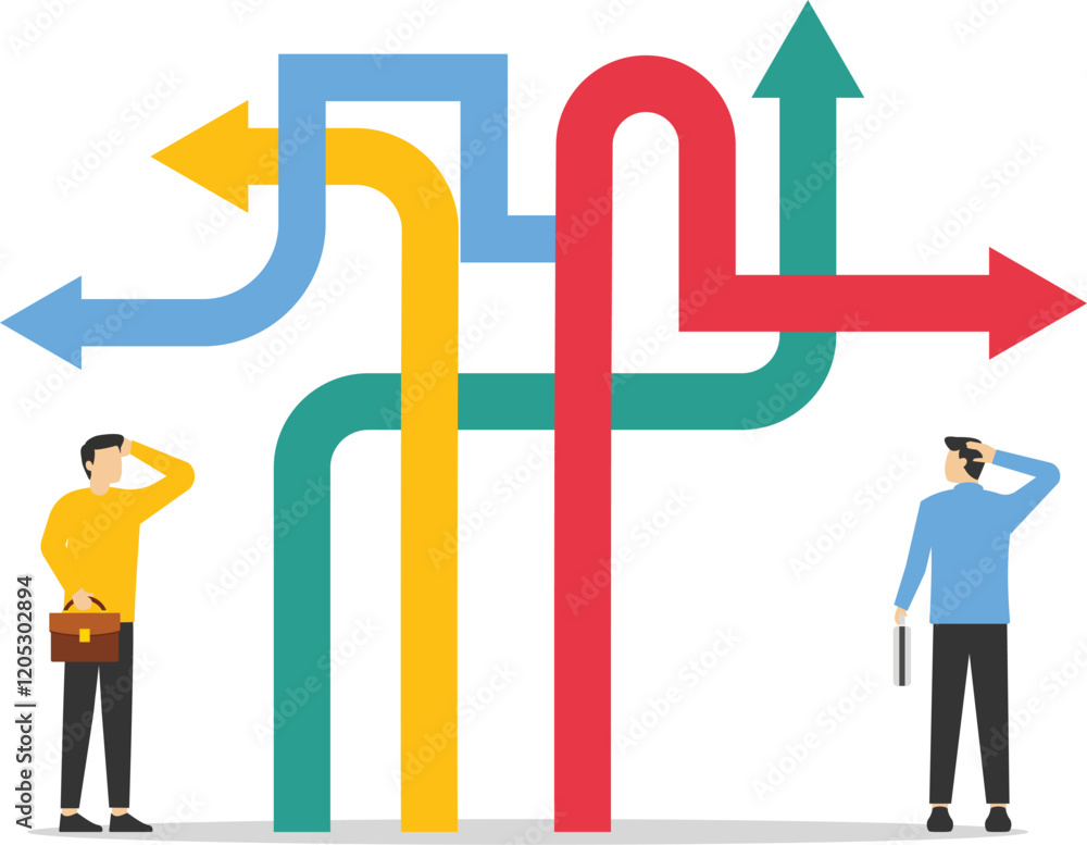 Confusion or decision about business approach, Difficult decision, Choosing the right direction, Finding the right business direction, Businessman thinking and making business decisions. Vector.
Confusion or decision about business approach, Difficult decision, Choosing the right direction, Finding the right business direction, Businessman thinking and making business decisions. Vector.