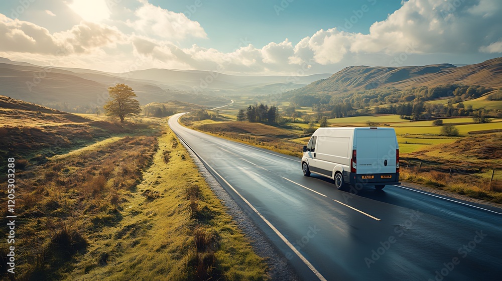 Obraz premium Van driving scenic road, mountain backdrop, delivery