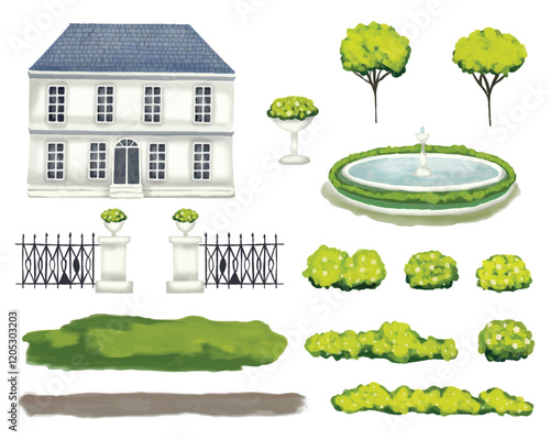 Mansion venue house wedding watercolor illustrations